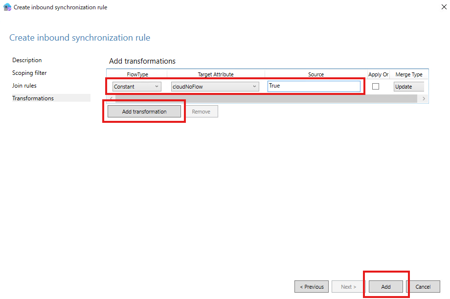 ［Transformations］cloudNoFlowに定数Trueを設定する画面
