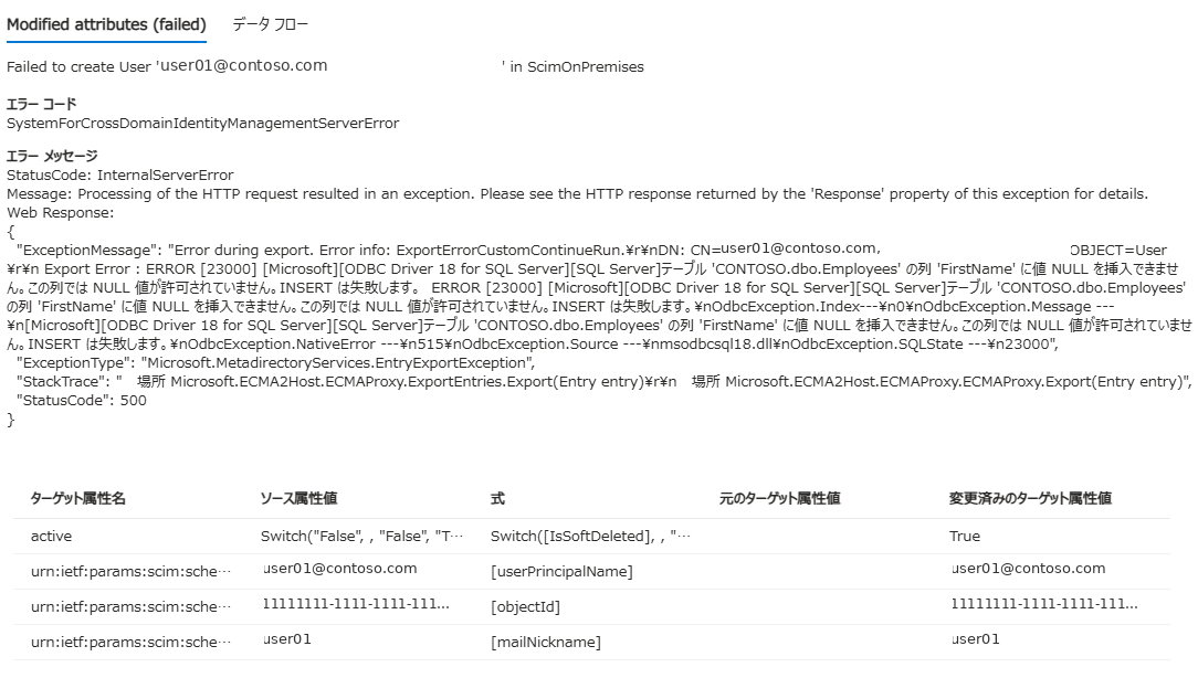 プロビジョニングログの詳細。FirstName列にNULLを挿入できずINSERTが失敗し、SystemForCrossDomainIdentityManagementServerErrorとして記録されている
