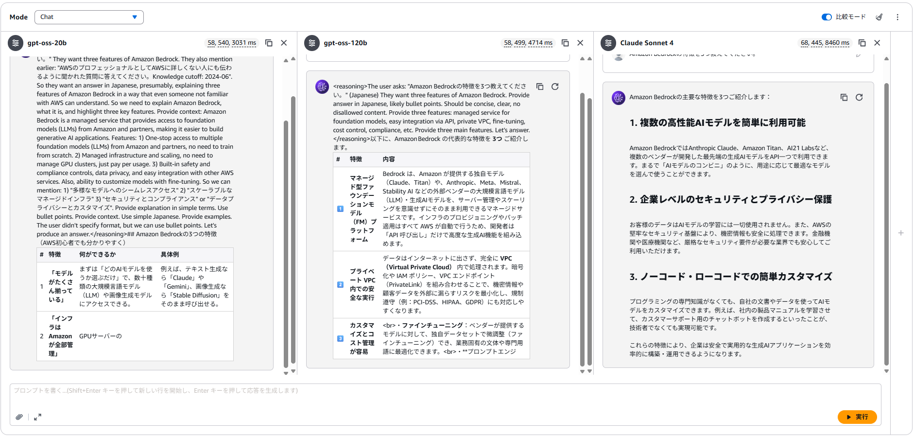 gpt-ossモデルとClaude Sonnet 4の回答比較画面