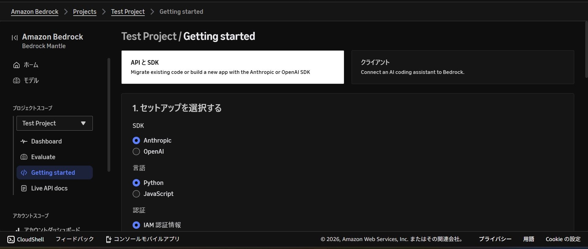 Getting startedの認証設定（IAM認証情報／APIキー）