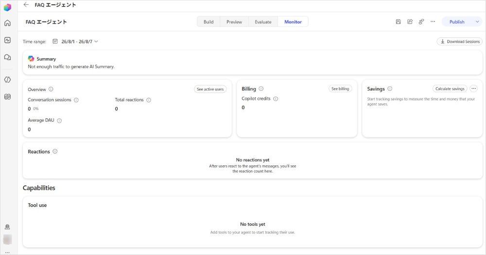 Copilot Studio GitHub Copilot ハーネスの Monitor タブ。エージェントが消費した Copilot クレジットを確認できる画面