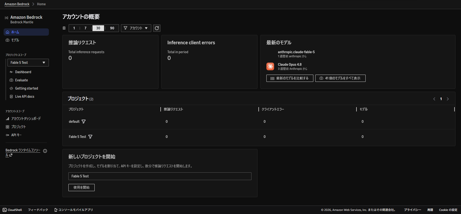 bedrock-mantleコンソールでのプロジェクト作成画面