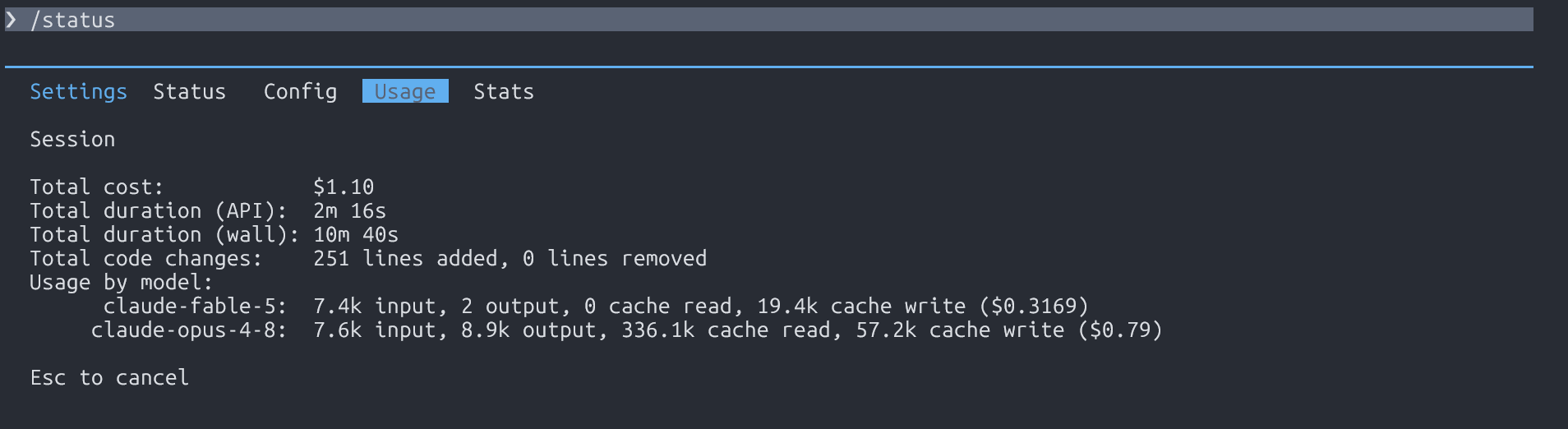 /statusのUsageでopus-4.8が処理の大部分を担っていることを確認