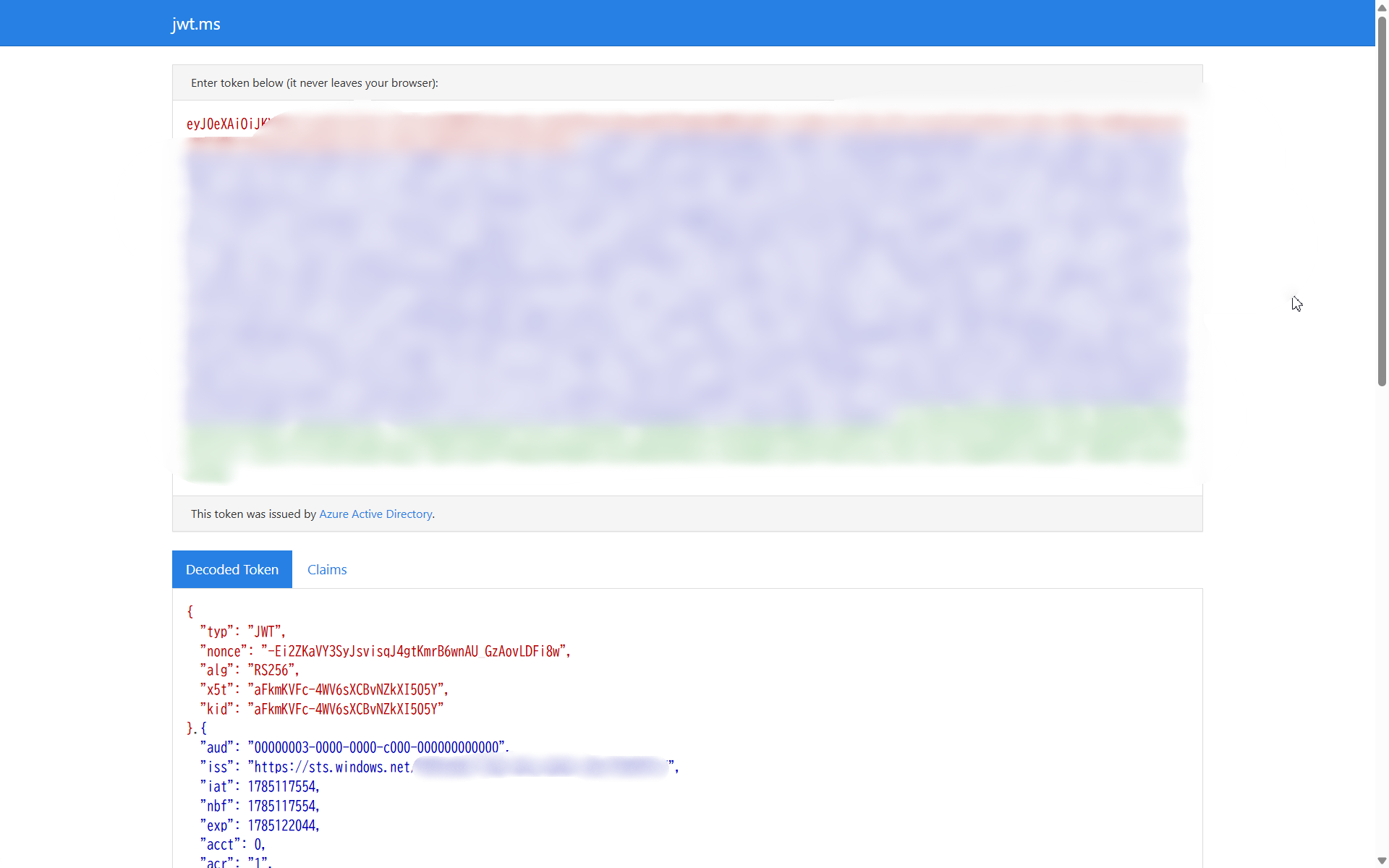 jwt.msでMicrosoft Graph向けアクセストークンをデコードした画面（前半）。ヘッダーのtyp・nonce・alg・kidと、aud（Microsoft GraphのリソースID 00000003-0000-0000-c000-000000000000）・iss（sts.windows.net）が表示されている