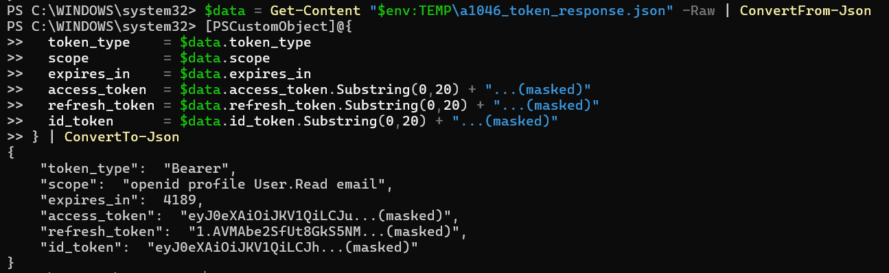 トークンエンドポイントのレスポンスJSON。access_token・id_token・refresh_tokenが返っている（トークン値はマスク）