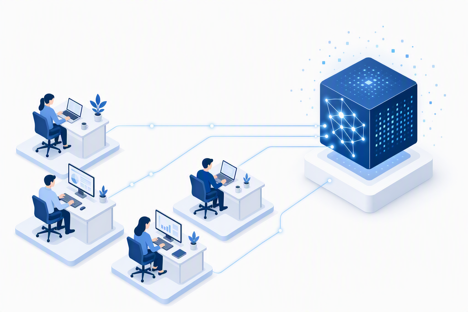 生成された提案書表紙用のイラスト。白背景に、4人の社員がそれぞれのデスクでPCに向かう様子をアイソメトリックに配置し、各PCから伸びる淡い水色の光の線が、右側の発光する濃紺の立方体（社内のAI基盤を表す、ニューラルネット状の光点が浮かぶ）へ集約している