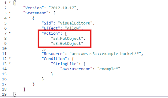 IAMポリシーJSONのAction要素を赤枠で示した画像