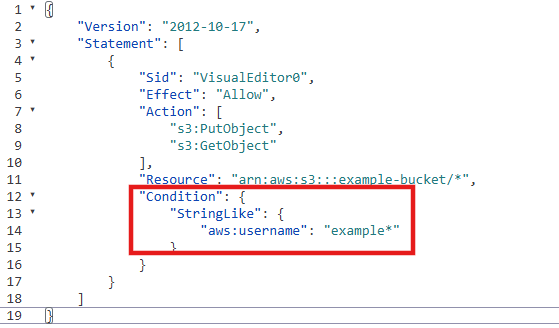 IAMポリシーJSONのCondition要素を赤枠で示した画像