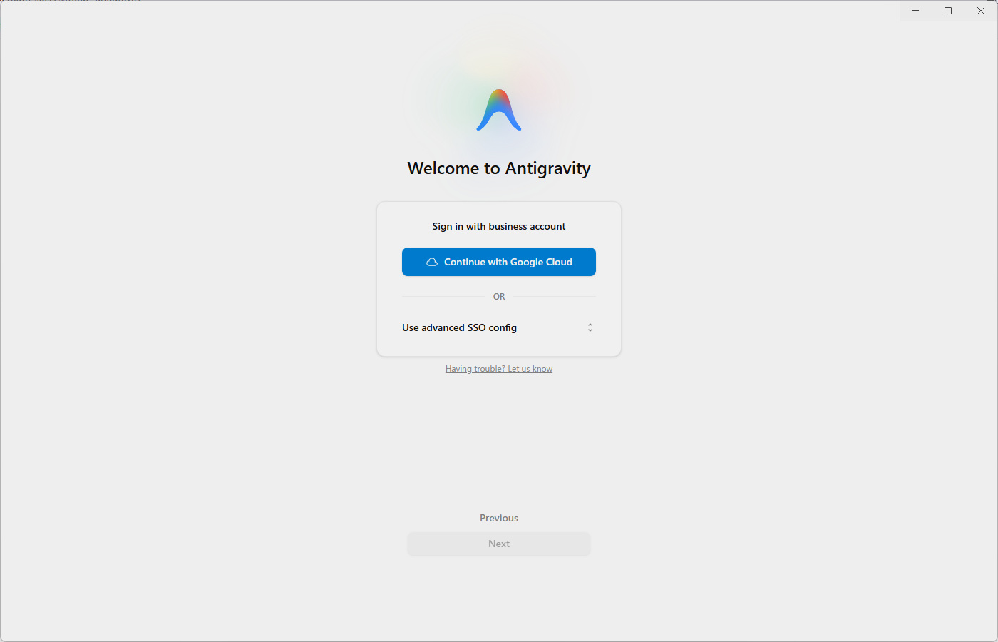 Antigravityのログイン画面でContinue with Google Cloudを選択