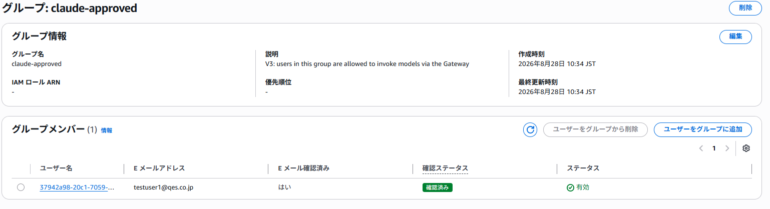Amazon Cognito「claude-approved」グループの詳細画面。グループメンバーとしてtestuser1@qes.co.jpが1名所属している。