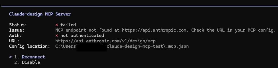 サインイン後のMCPステータス確認画面（Statusがfailed、エンドポイントが見つからないエラー）