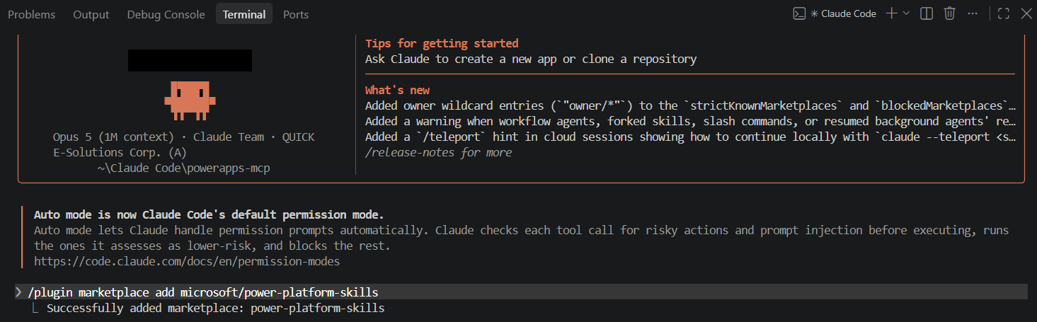 Visual Studio Codeのターミナルで起動したClaude Codeで/plugin marketplace addを実行し、Successfully added marketplaceと表示された画面