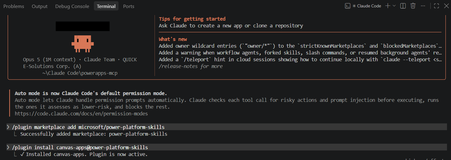 Visual Studio Codeのターミナルでcanvas-appsプラグインのインストールが完了し、Plugin is now activeと表示された画面