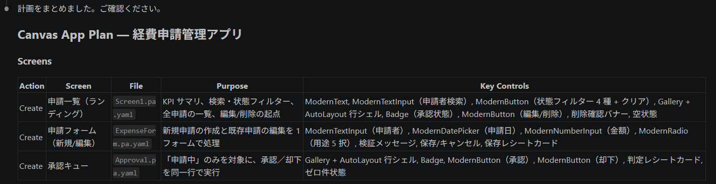 提示された計画書。3画面それぞれのファイル名・目的・使用コントロールが表形式で整理されている