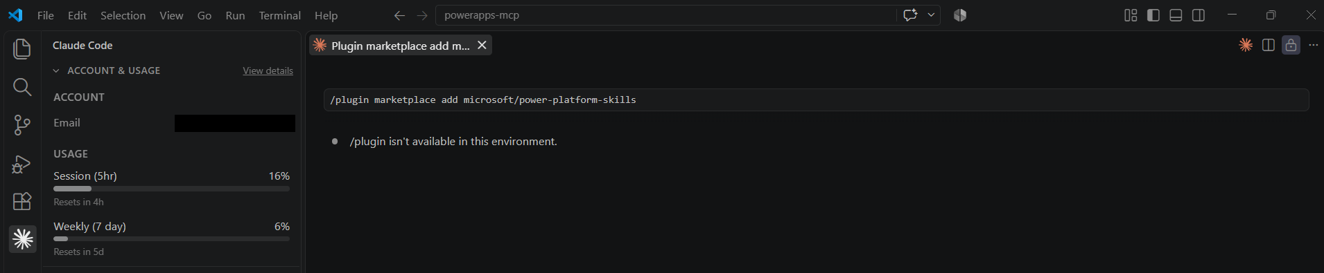 Claude Codeの拡張機能パネルで/pluginコマンドを実行した際のエラー。this environmentでは使えないと表示されている