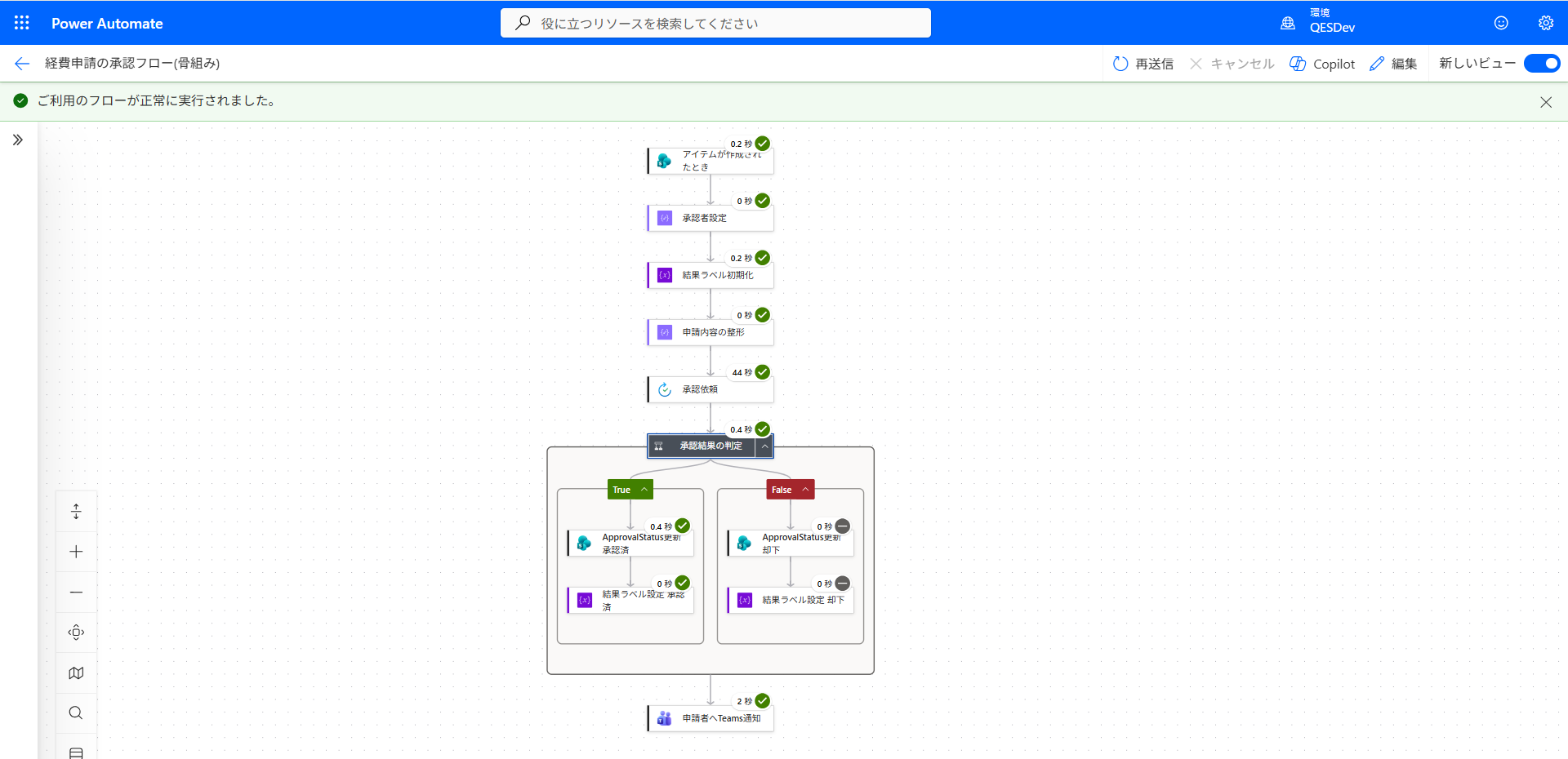Power Automateのフロー実行履歴。承認結果の判定でtrue側のみが実行され、false側はスキップされ、Teams通知は分岐の外で1回だけ実行されている