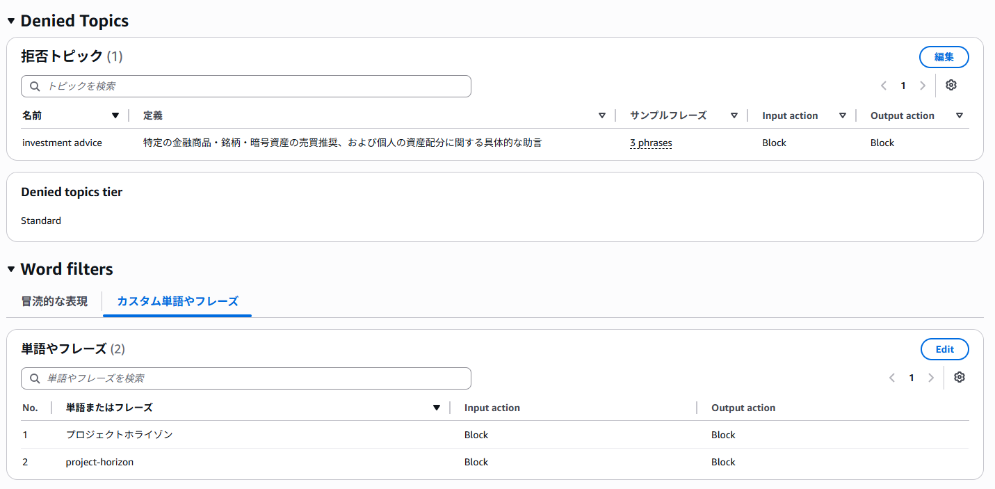 Bedrockコンソール：拒否トピックとワードフィルターの設定画面