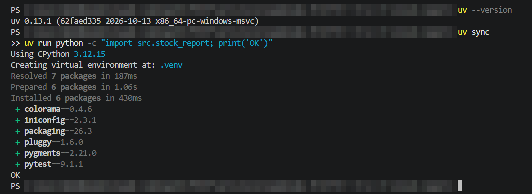 VS Code のターミナルで uv sync を実行し、Python 3.12.15 の仮想環境と pytest がインストールされ、動作確認で OK と表示された画面