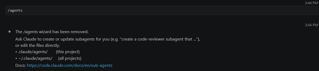 Claude Code で /agents を実行し、The /agents wizard has been removed と表示され、Claude に依頼するか .claude/agents/ を直接編集するよう案内された画面