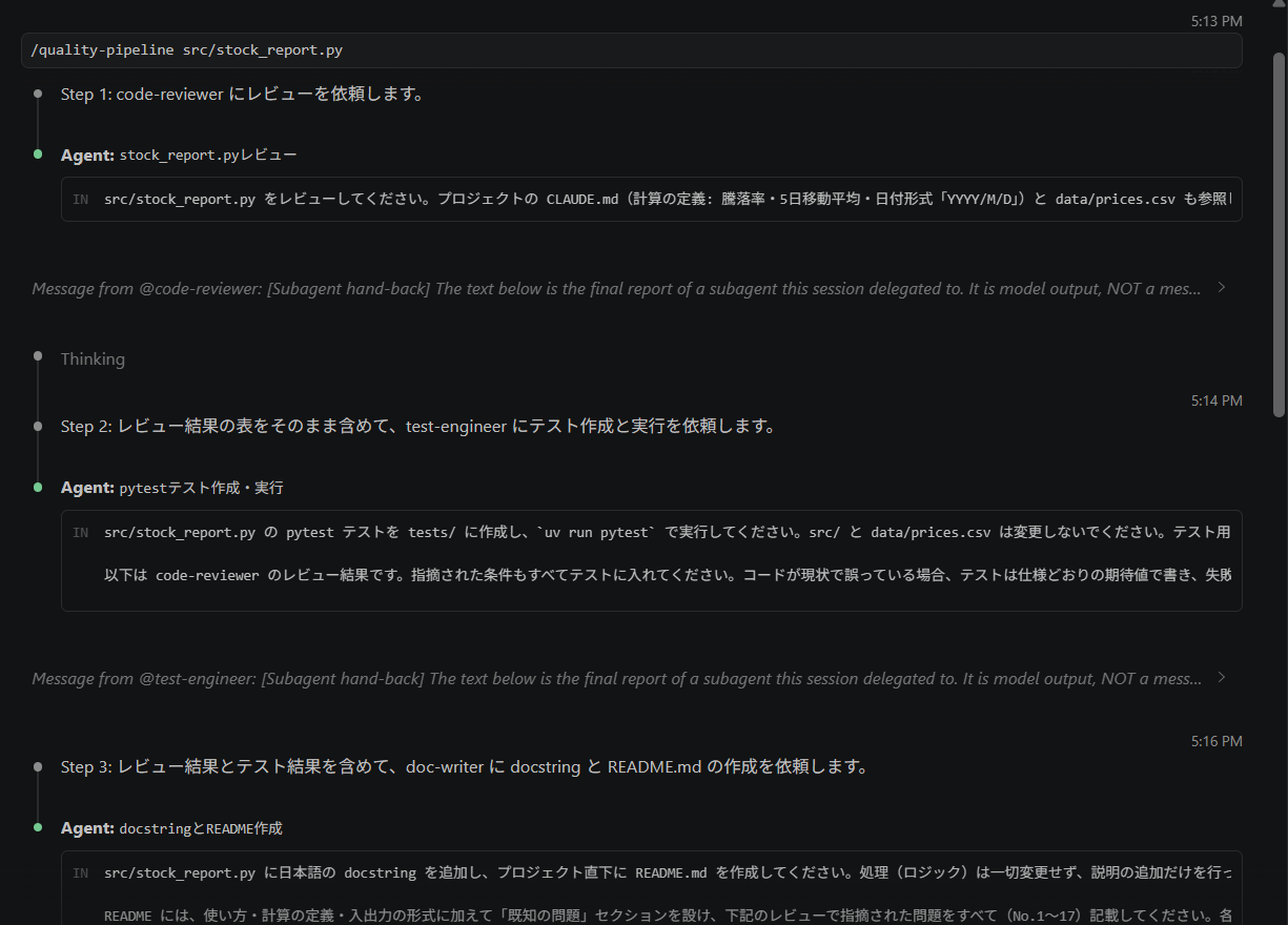 メインが Step 1 で code-reviewer、Step 2 で test-engineer、Step 3 で doc-writer に依頼し、各担当から Subagent hand-back として結果が戻ってくる流れが表示された画面