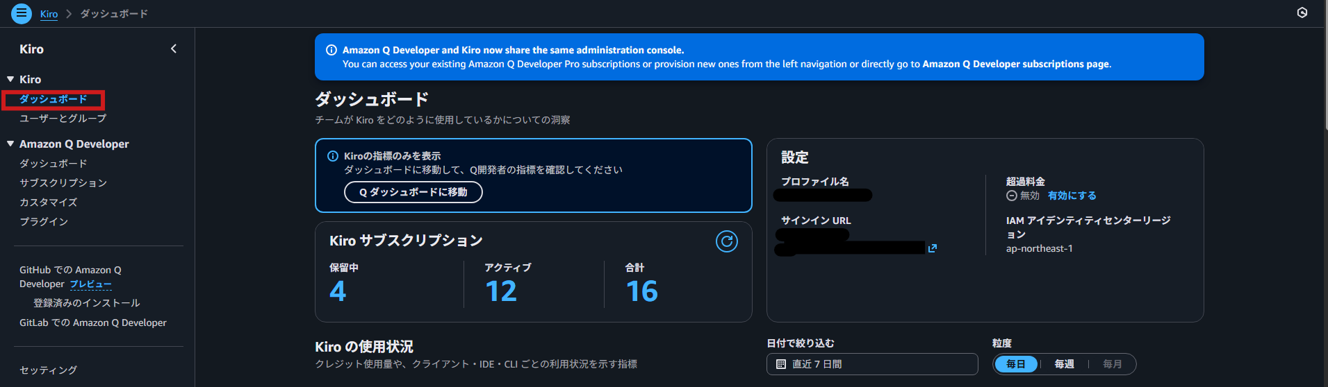 Kiroダッシュボード画面