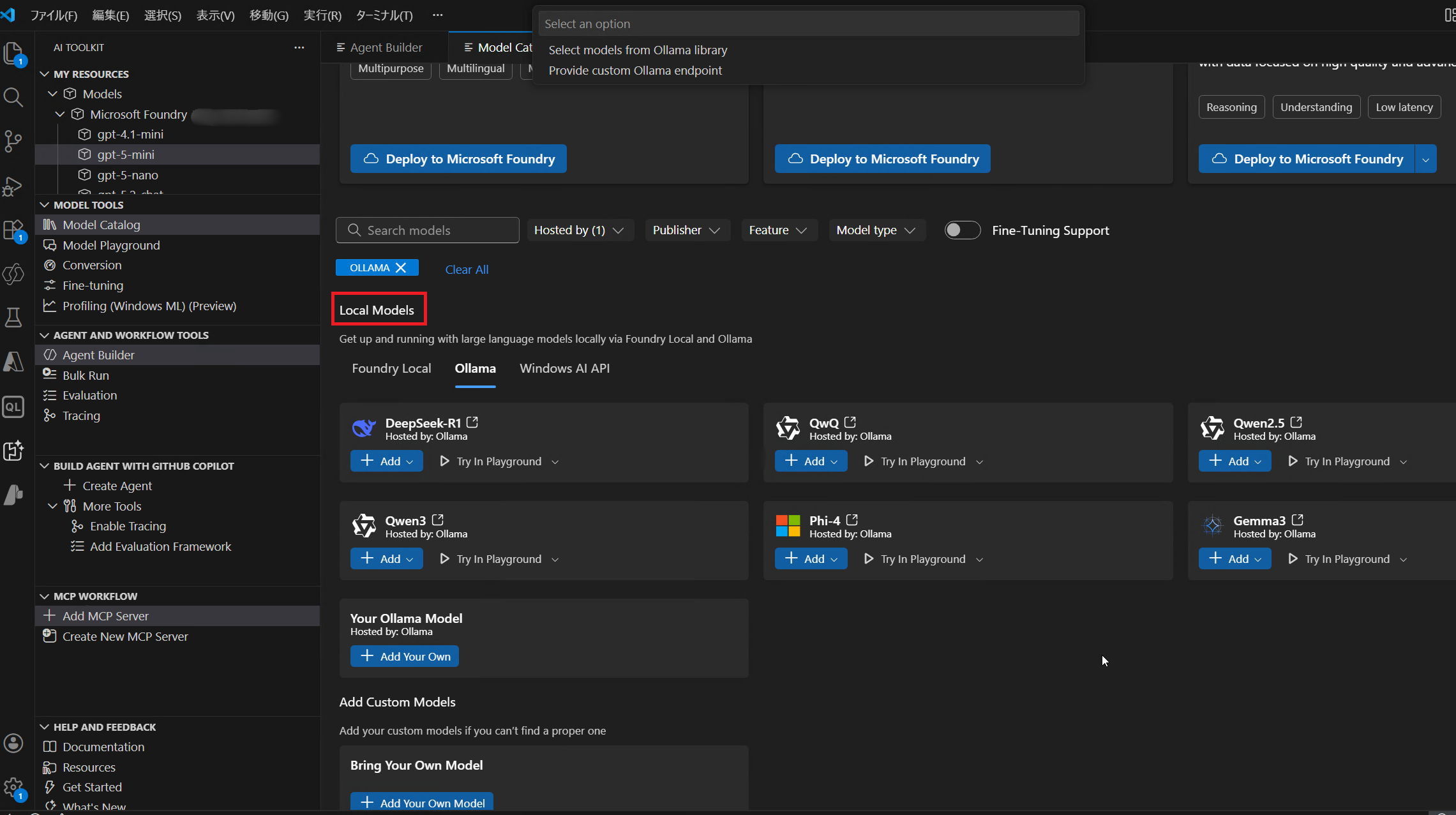 AI ToolkitのモデルカタログでローカルLLMが表示されている様子