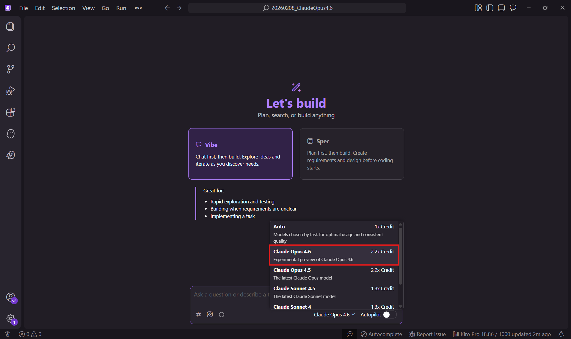 Kiroのモデル選択画面でClaude Opus 4.6が選択可能になっている様子