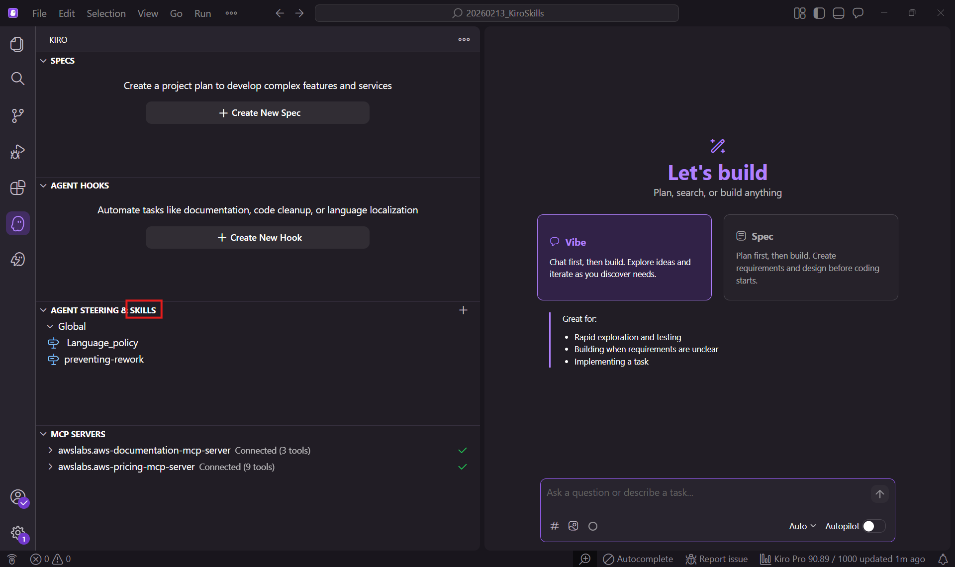 Kiro IDEの左側メニューにAgent Steering & SKILLSが表示されている様子