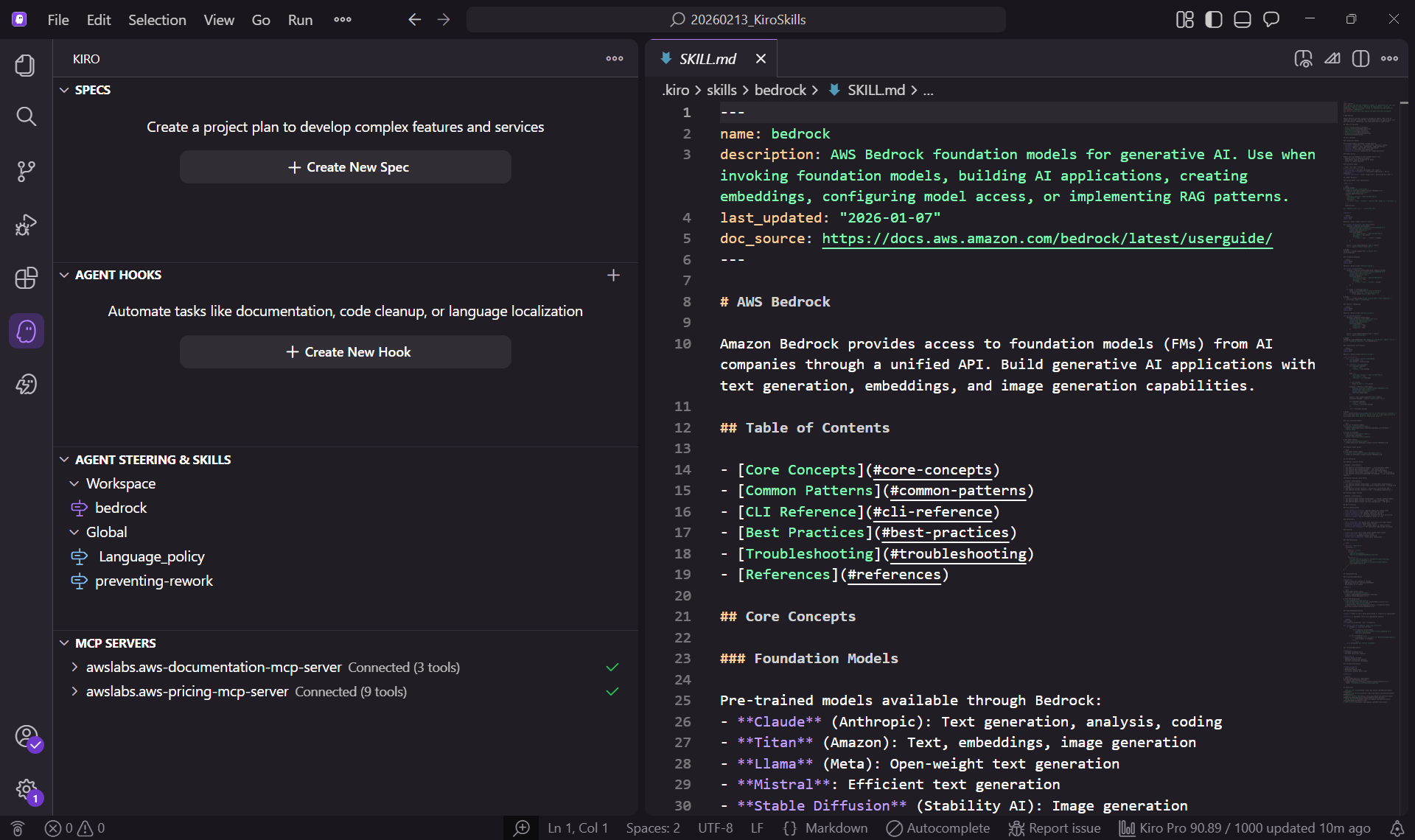 インポートされたSKILL.mdファイルの内容。AWS Bedrockに関する記述がある