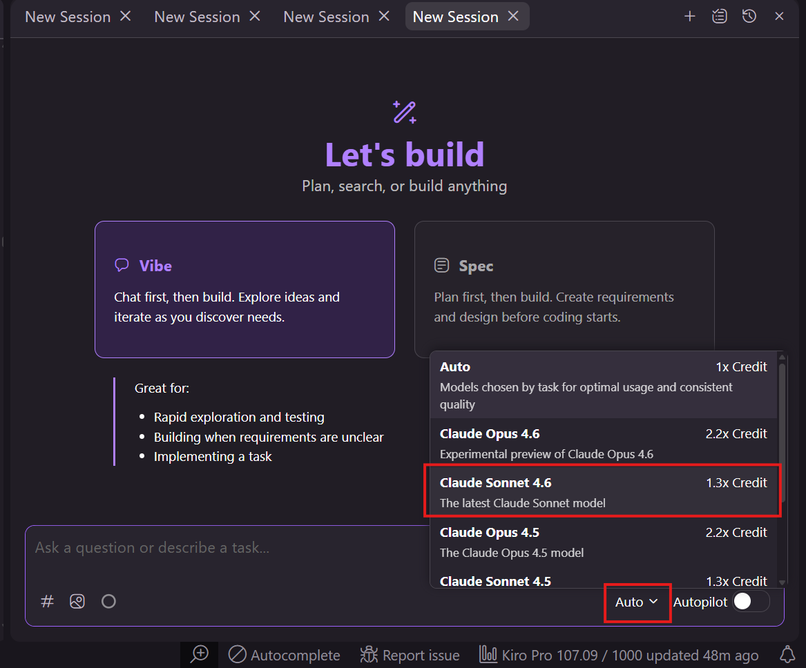 Kiroでのモデル選択画面