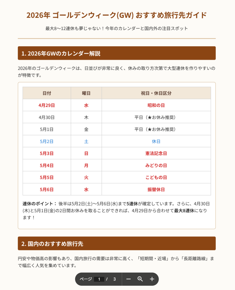 Geminiが生成した「2026年GWおすすめ旅行先ガイド」PDFの1ページ目（カレンダー表・旅行先情報）