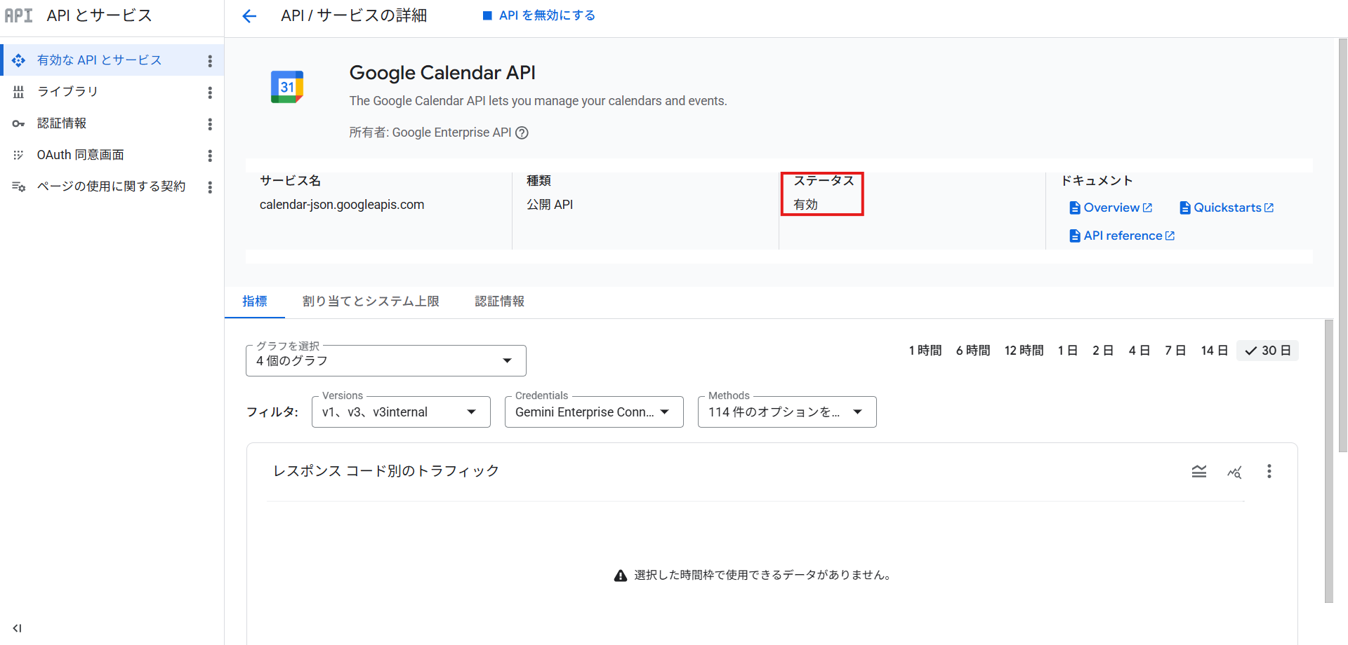 GCPコンソールでGoogle Calendar APIを有効化した画面